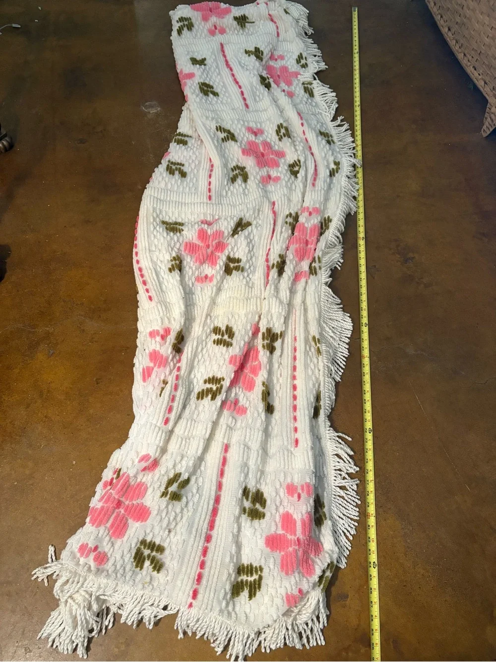 White Chenille Throw Blanket with Pink Floral Pattern